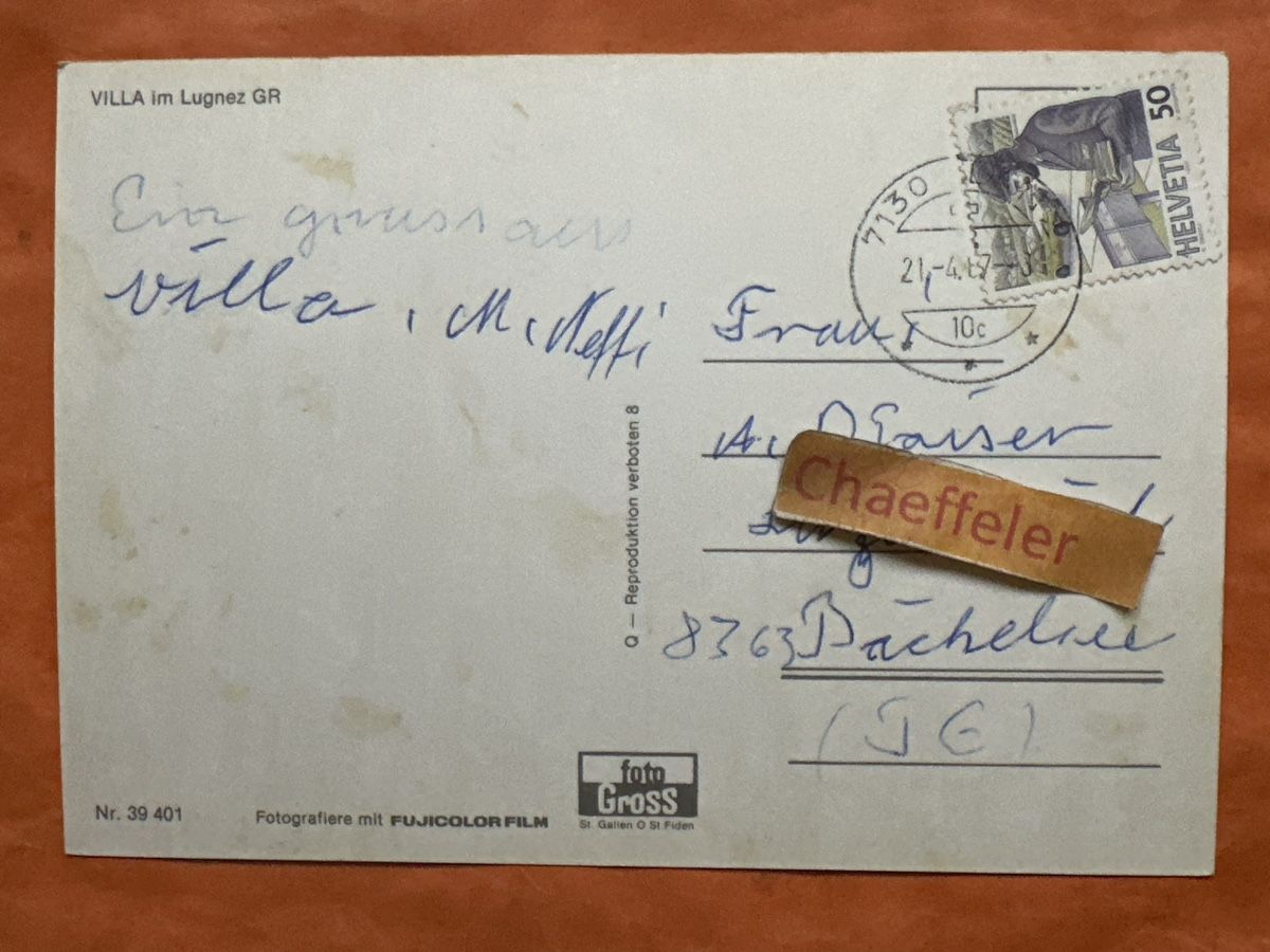 Ansichtskarten: 1987 Alte Ansichtskarte von Villa im Lugnez GR  – Gebraucht aus Zürich von Chaeffeler 1