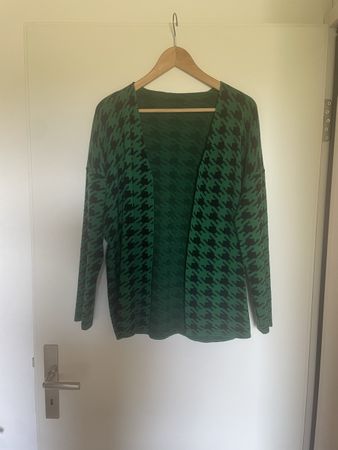 Cardigan in Grün/Schwarz – Jacquard-/Hahnentrittmuster