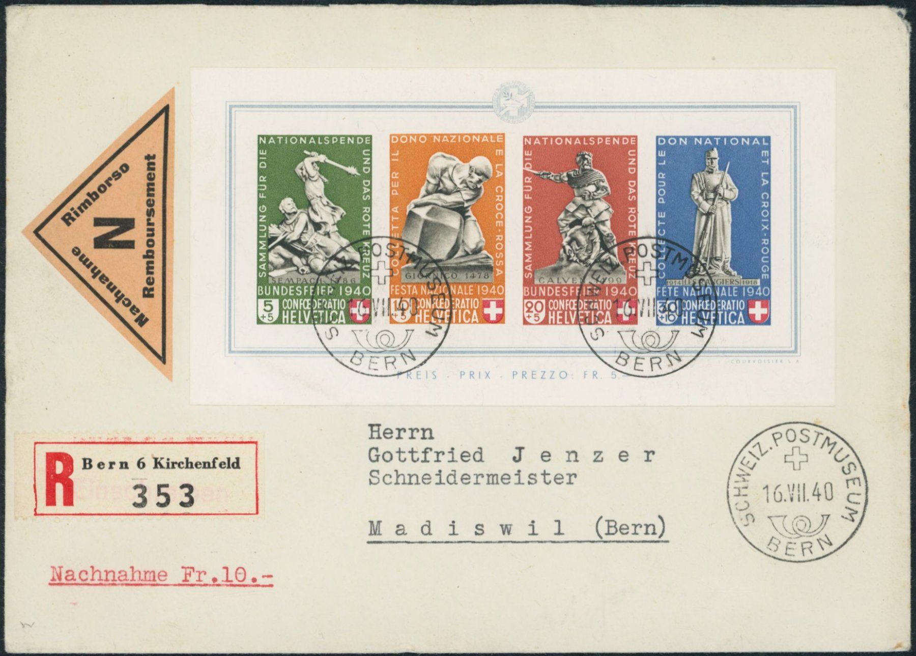 Tutti i francobolli: 1940 - Pro Patria - Block - Ersttagsbrief FDC ET – Usato da Schindellegi venduto da leecollect