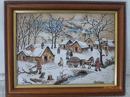 Schönes Winterbild gemalt auf Fliese gerahmt und signiert.