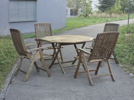 Gartentisch rund und 4 Sessel Teakholz mit Polster