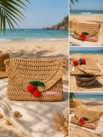 MANOUSH | sac à main pochette raphia plage été cerise Y2K
