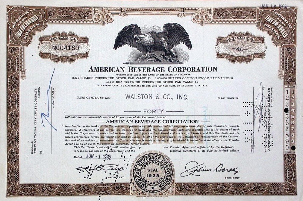 Dokumente: American Beverage Corporation - 1961 – Gebraucht aus Solothurn von Sgasche