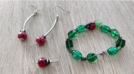 Schmuckset grün, Ohrringe und Armband Marienkäfer, chrismas