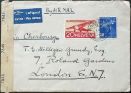 Schweiz Luftpost Zensurbrief Basel London England 1945