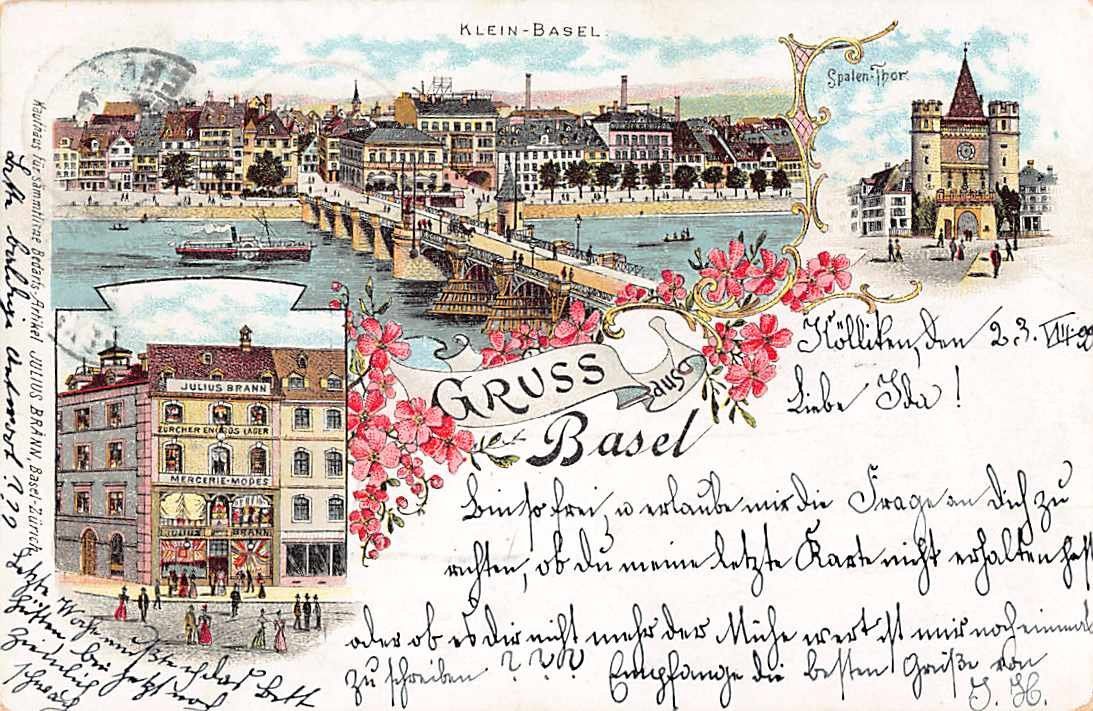 Cartoline postali: alte ANSICHTSKARTE "Gruss aus BASEL", schöne LITHO von 1899 – Usato da Lufingen venduto da philatelieshop