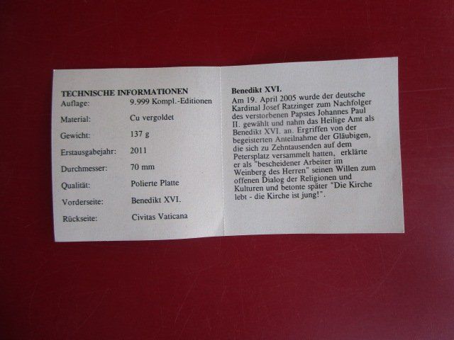 Medaillen: GIGANT: Papst Benedictus XVI - 70 mm - PP – Neu (gemäss Beschreibung) aus Luzern von Horoskop1 3