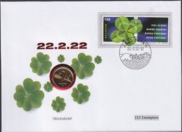2022, Numisbrief/Münzbrief "22.2.22" mit 2 Räppler.