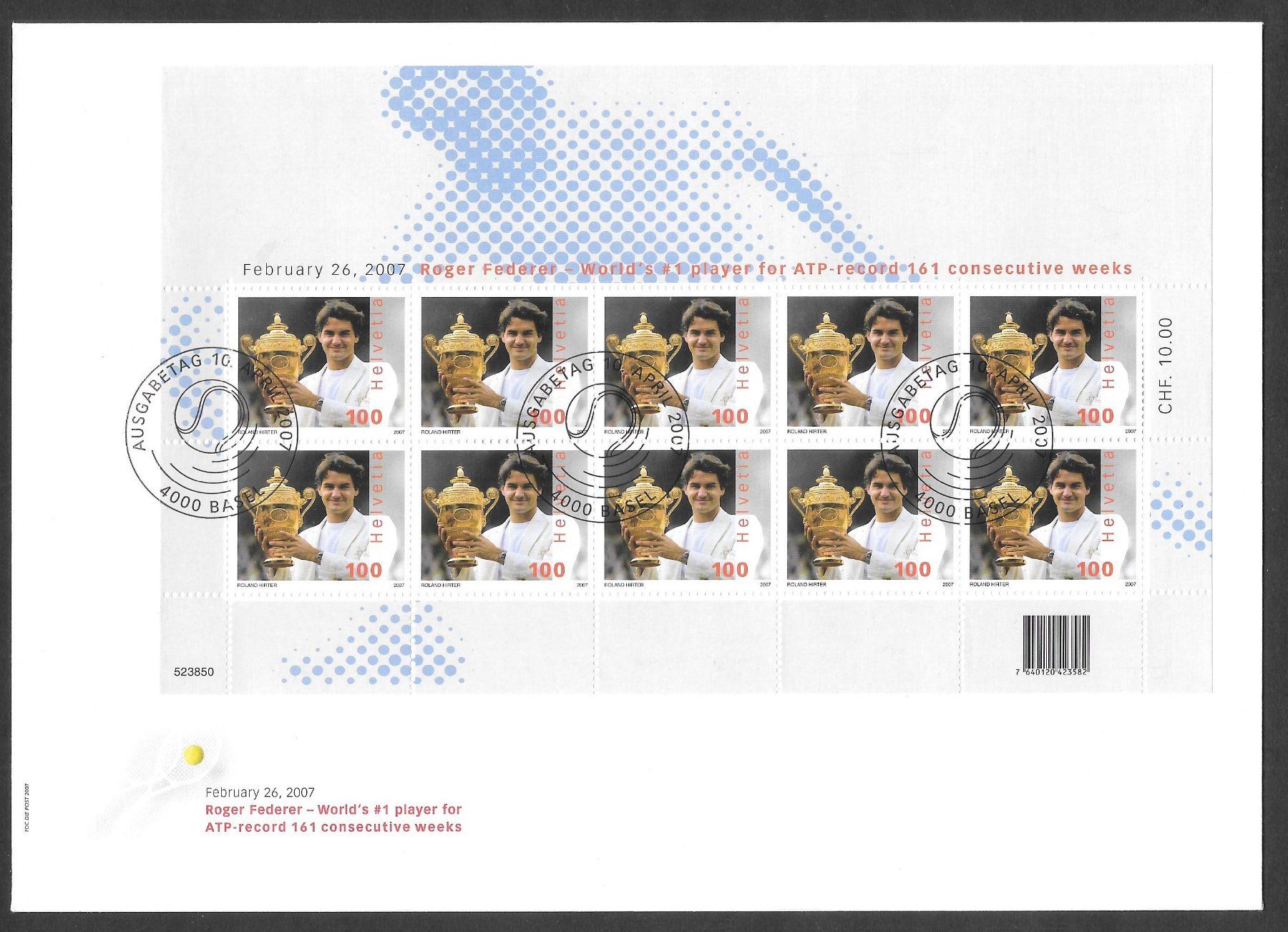 Tutti i francobolli: FDC Kleinbogen 1229 Roger Federer ET Basel 10.4.2007 – Nuovo (secondo la descrizione) da Olten venduto da clotaldi