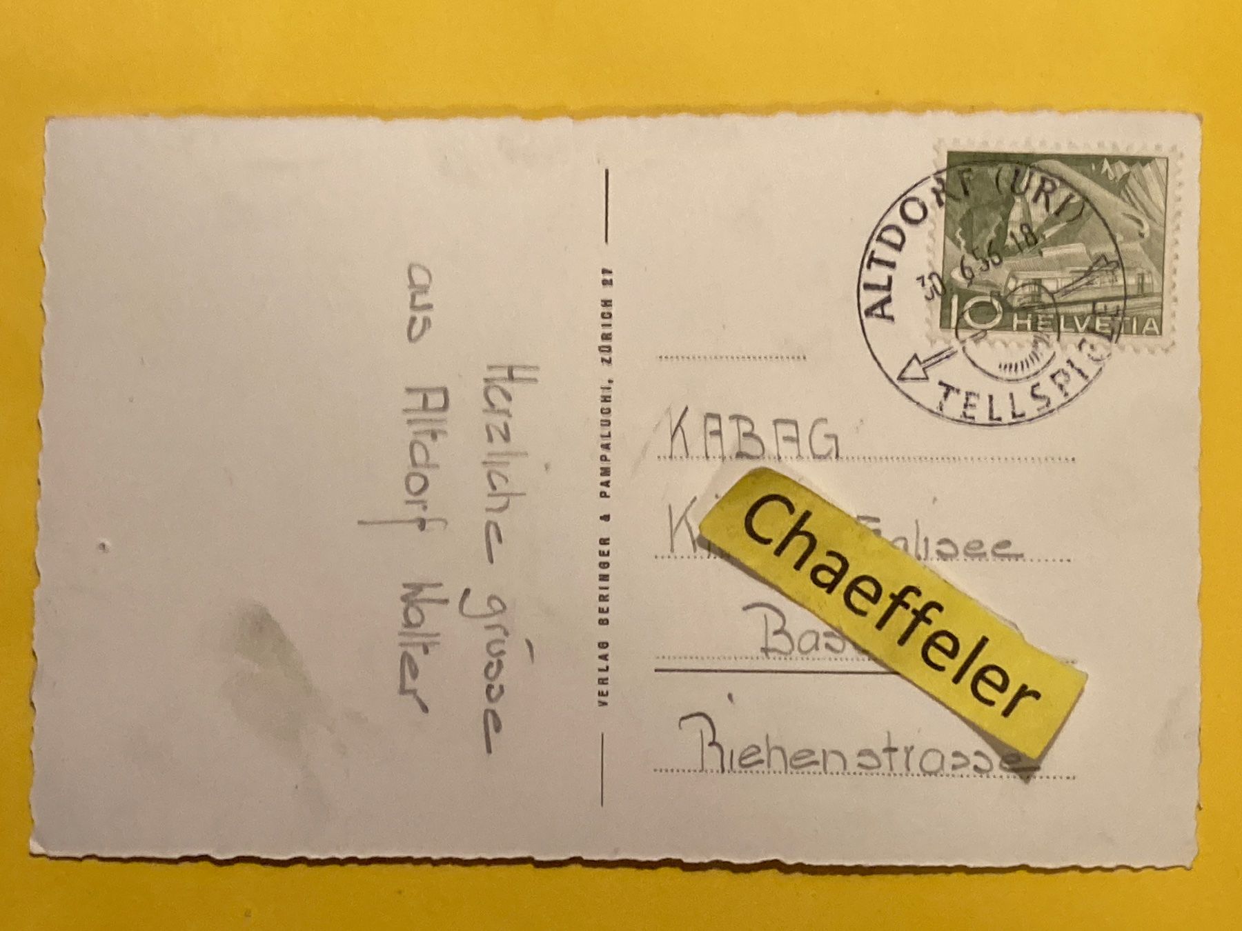 Cartoline postali: 1956.  V 6491 Altdorf, Tellplatz – Usato da Zürich venduto da Chaeffeler 1
