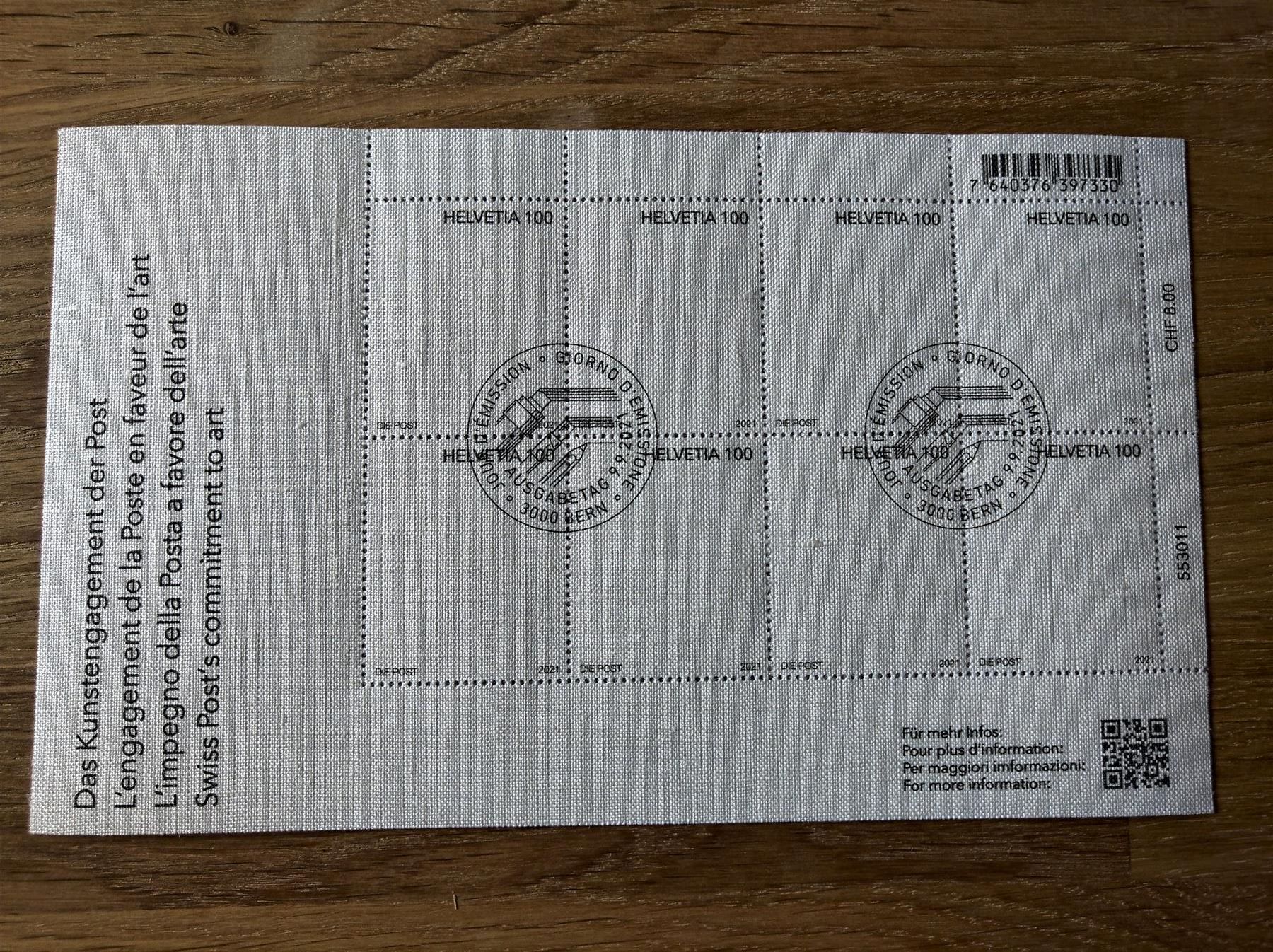 Tutti i francobolli: Kleinbogen Kunstengagement der Post 2021, Leinen, ET – Usato da Rickenbach SO venduto da Bytebull