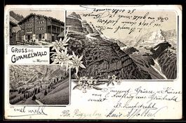 Lithographie Mürren, Hotel-Pension Gimmelwald, Gebirgspanora