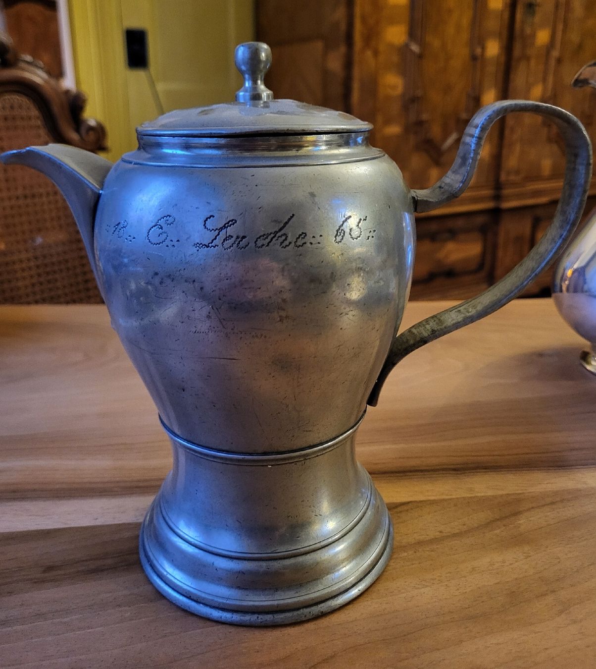 Teiere: Kaffeekanne Zinn 1865, E. Lerche. antik, wird verschickt. – Usato da St. Gallen venduto da nikolausraphael