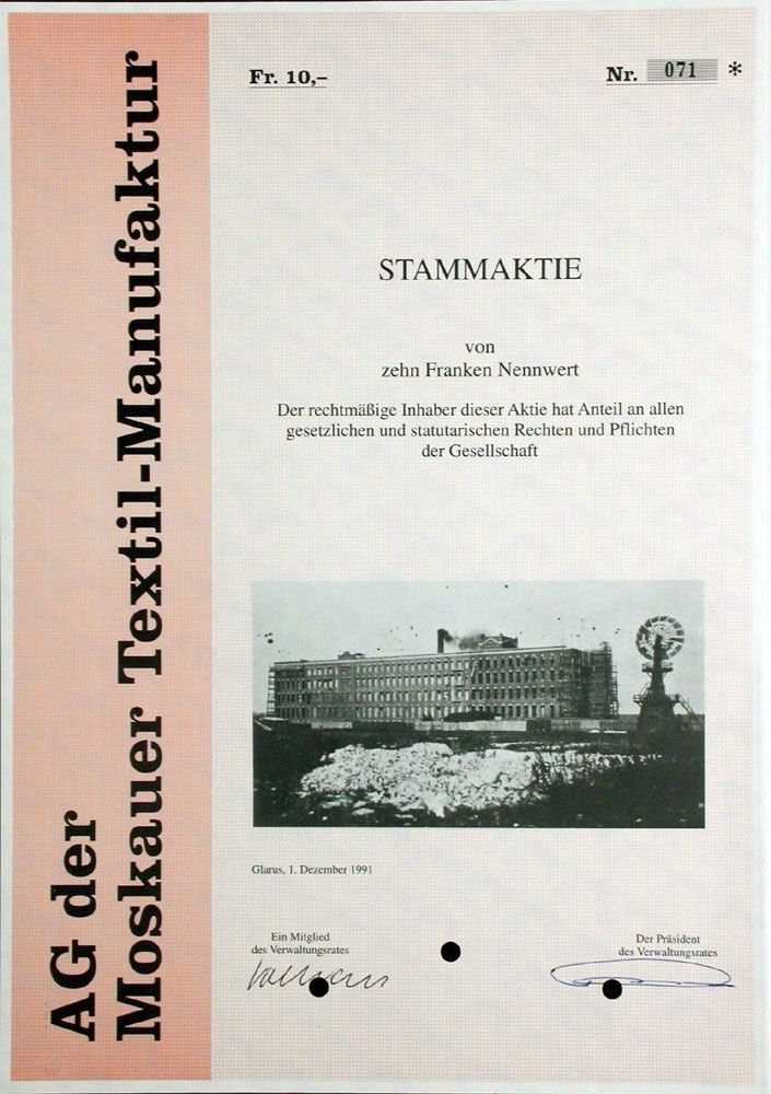 Documenti: AG der Moskauer Textil-Manufaktur, Glarus - 1991 – Usato da Solothurn venduto da Sgasche