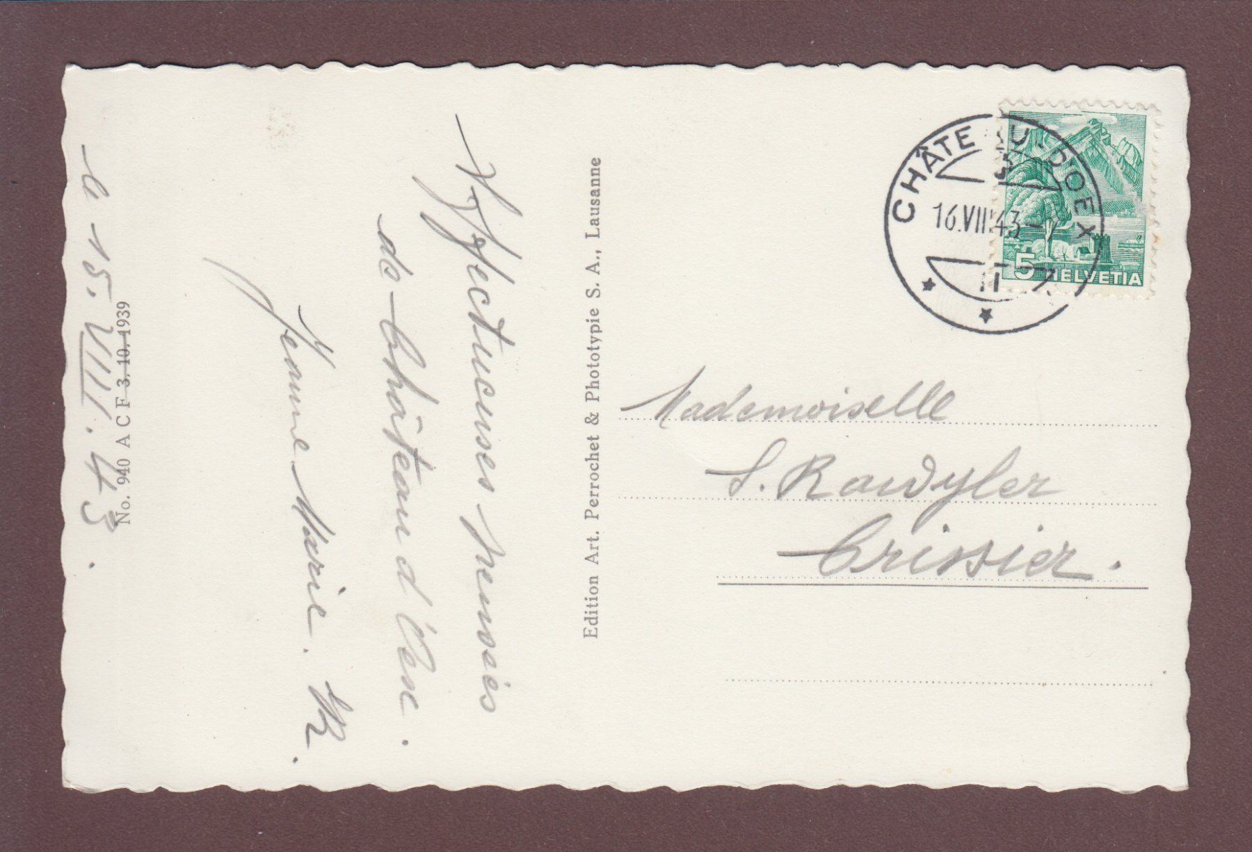 Cartoline postali: CHÂTEAU D'OEX - Vue générale - 1943 – Usato da Pully venduto da nicecards 1