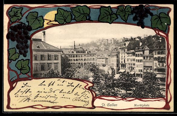 Cartoline postali: AK St. Gallen, Marktplatz mit Jugendstil-Rahmen – Usato da Berlin venduto da bartko-reher