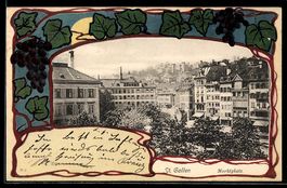 AK St. Gallen, Marktplatz mit Jugendstil-Rahmen