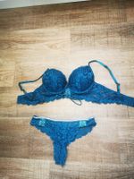 Neuwertiges, blaues Dessous-Set mit Spitze, Grösse 75C