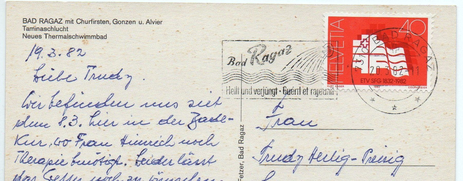 Cartes postales: BAD RAGAZ mit Churfirsten, Gonzen u. Alvier – D'occasion à Jona par philajona 1