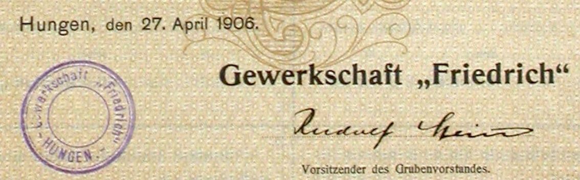 Documenti: Gewerkschaft Friedrich Hungen, Hungen - 1906 – Usato da Solothurn venduto da Sgasche 1