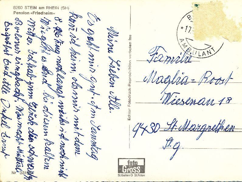 Ansichtskarten: Stein am Rhein Pension Friedheim c1960 – Gebraucht aus Emmenbrücke von teestube 1