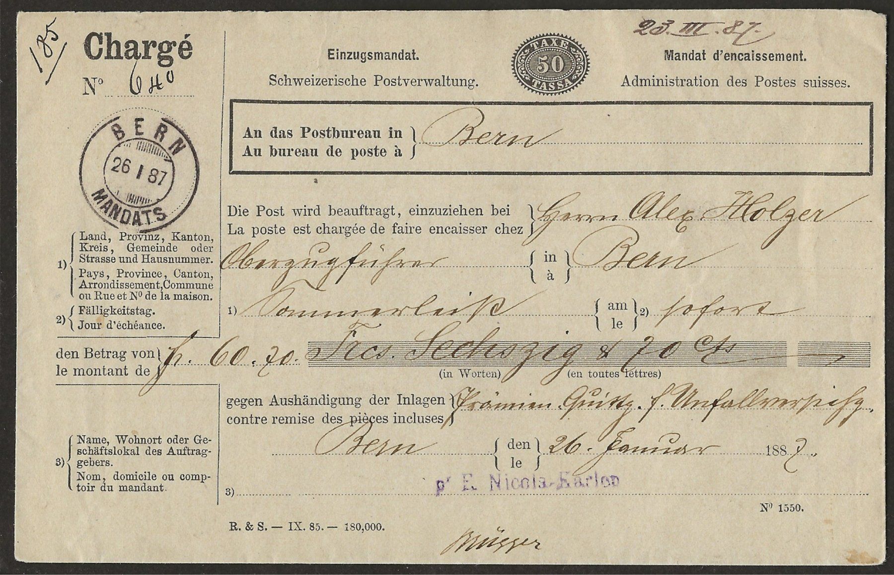Tutti i francobolli: 1887 Einzugsmandat mit MANDATS Stempel Bern CHARGE +++ – Usato da Müswangen venduto da buyin