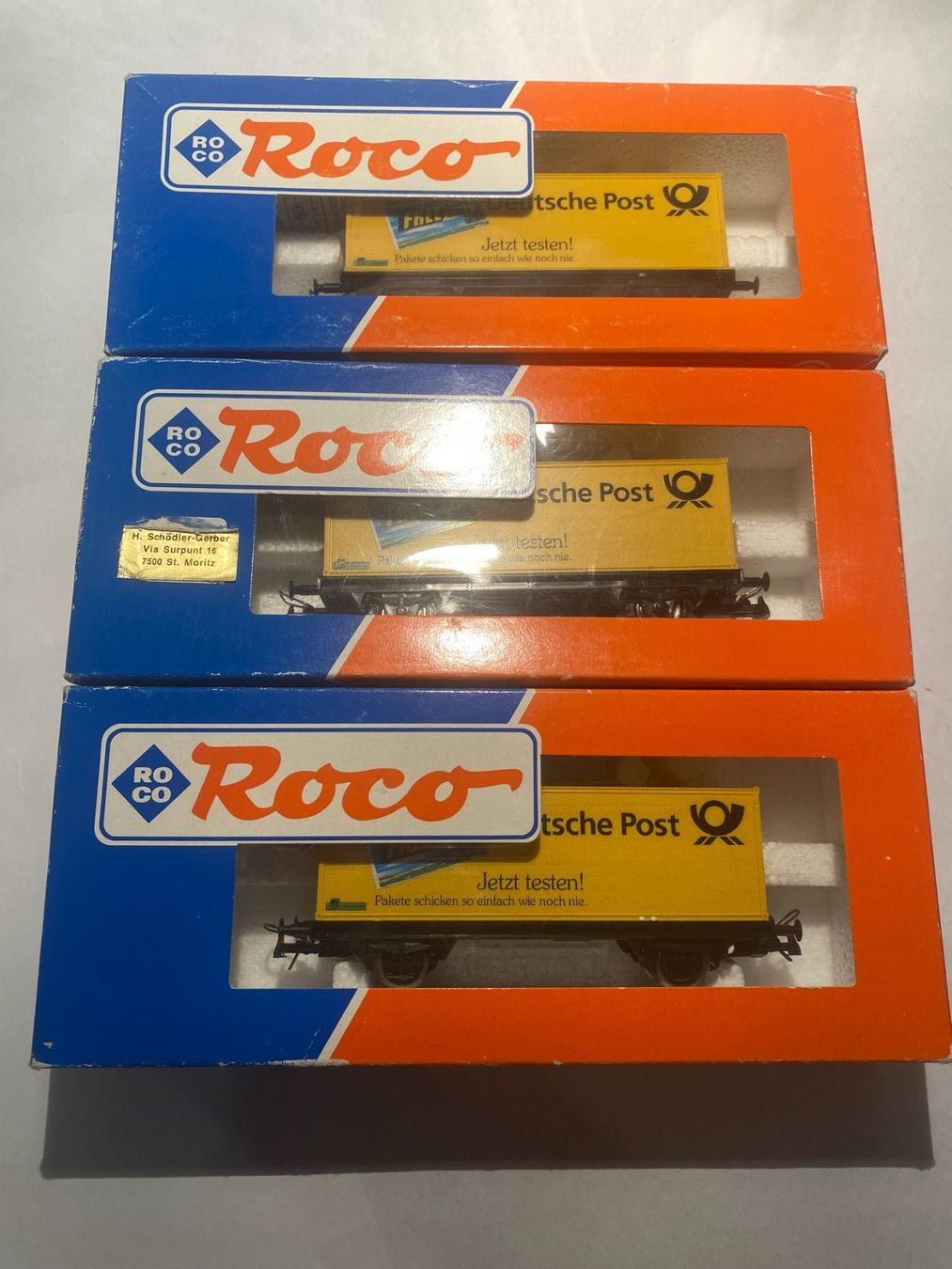 Roco Modellini di ferrovie: ROCO 3x 47251 Containerwagen "Deutsche Post Freeway" DB, DC – Usato da Buchrain venduto da Modellbahn11 7