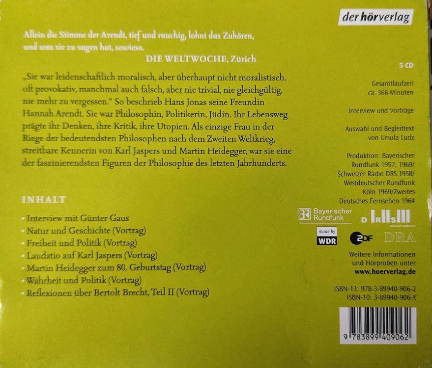 Audiolibri: HANNAH ARENDT - VON WAHRHEIT UND POLITIK (HÖRBUCH 5 CD) – Usato da Flawil venduto da Beatm1 3
