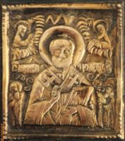 Kleine russische Ikone Heiliger Nikolaus auf Holz.