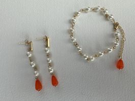 Elegante Goldene mit Perlen Set Armkette & Ohrringe