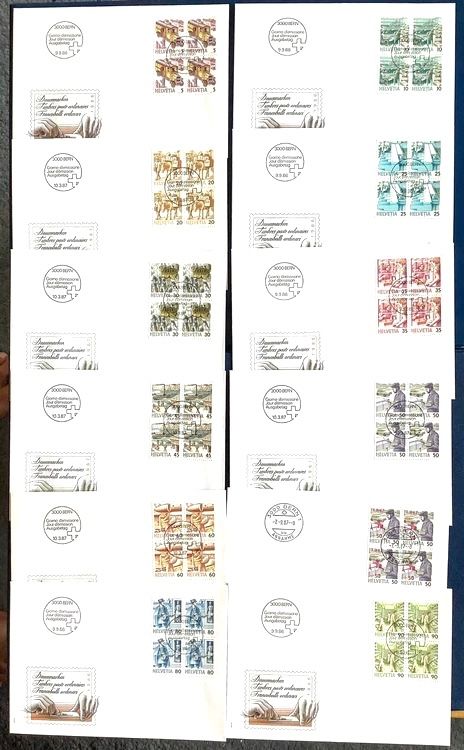 Tutti i francobolli: 1986-87 / Schweiz FDC Viererblock - Postbeförderung – Nuovo (secondo la descrizione) da Liestal venduto da Skunk02