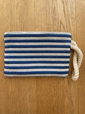 Clutch bag striped blue white with rope handle, used