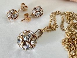 Vintage SchmuckSet vergoldet Strasskugeln–Kette & Ohrstecker