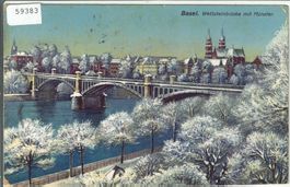 Basel - Wettsteinbrücke mit Münster im Winter - Litho