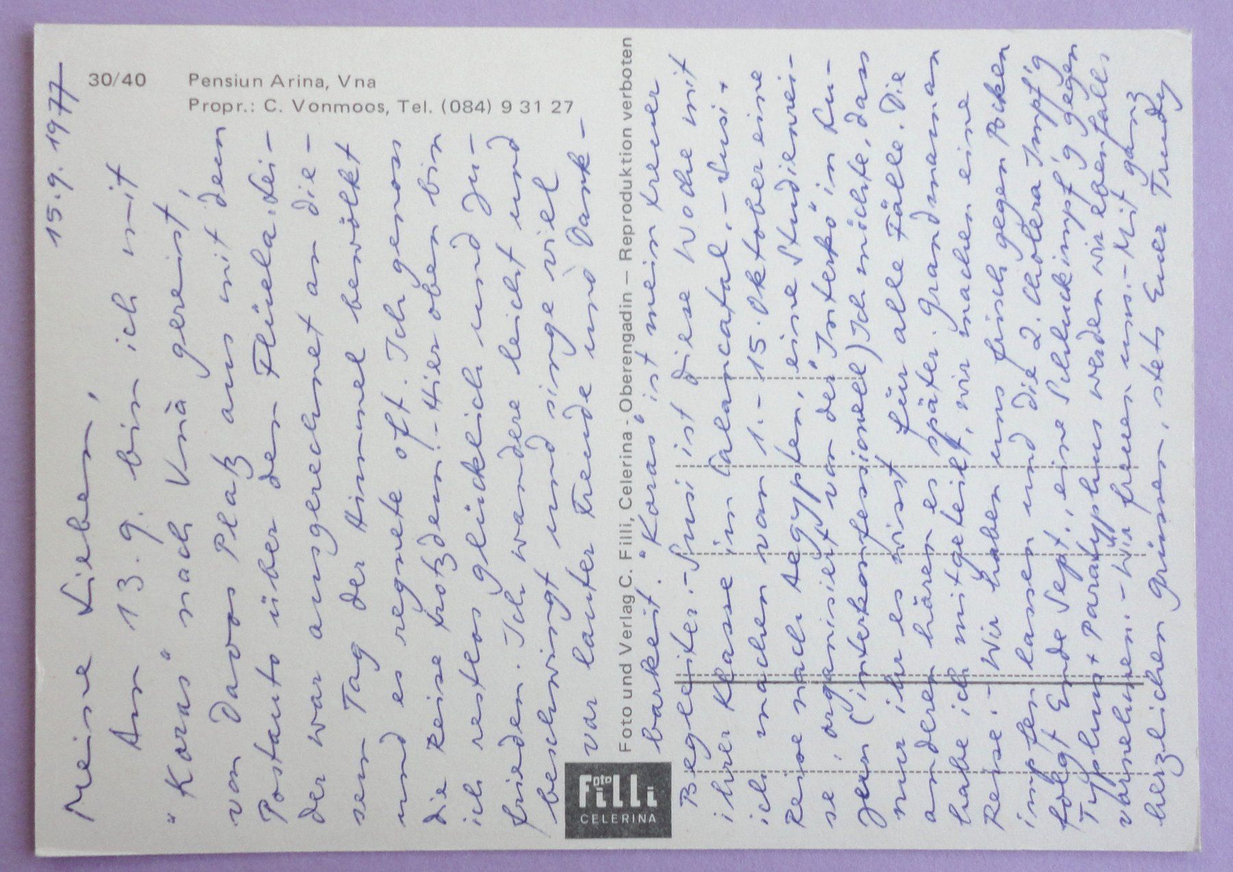 Cartoline postali: Pension Arina, Vna – Usato da Fétigny venduto da Billy2miny 1