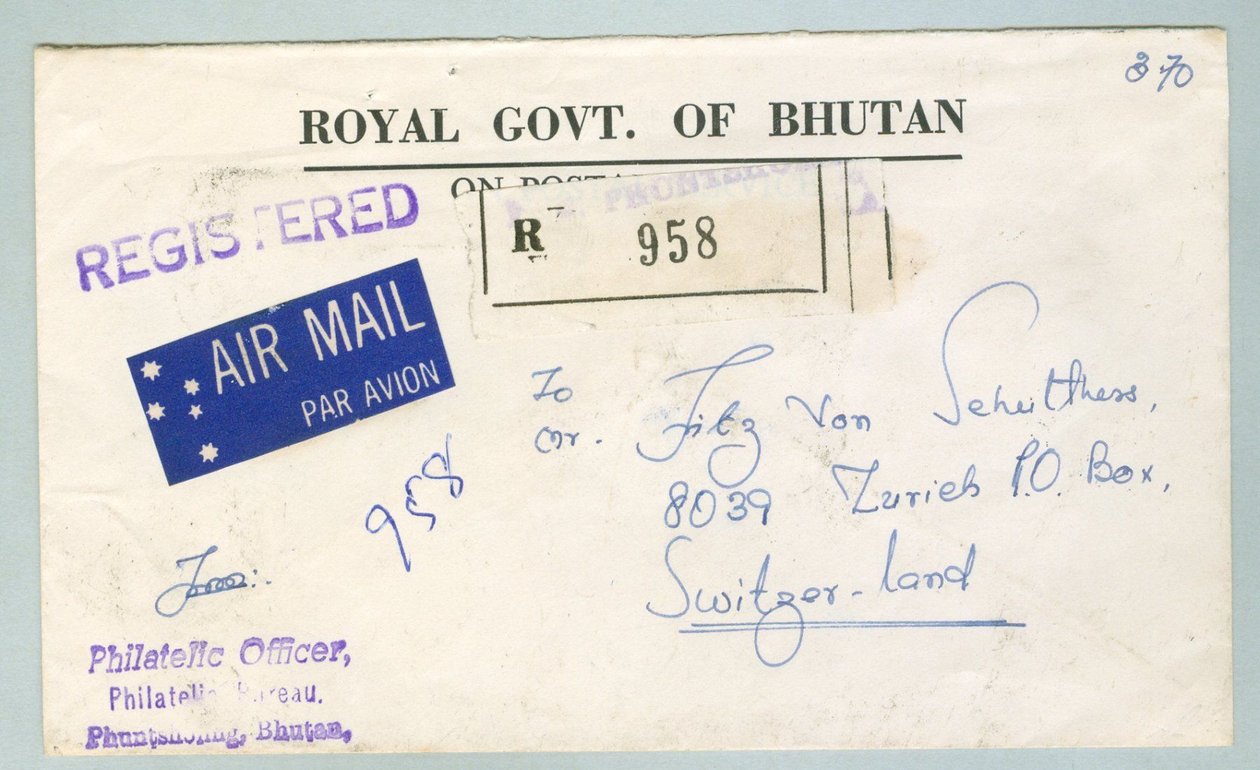 Tutti i francobolli: 1976 Bhutan Bedarfspost – Usato da Zürich venduto da yago-rot