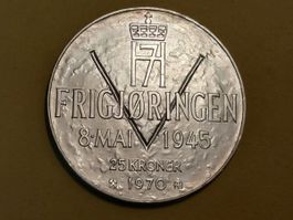 Norwegen 25 Kroner "25 Jahre Befreiung Norwegen" 1970 Silber