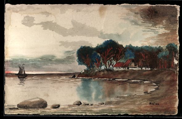 Ansichtskarten: Handgemalt: Uferpartie unter grauem Himm – Gebraucht aus Berlin von bartko-reher