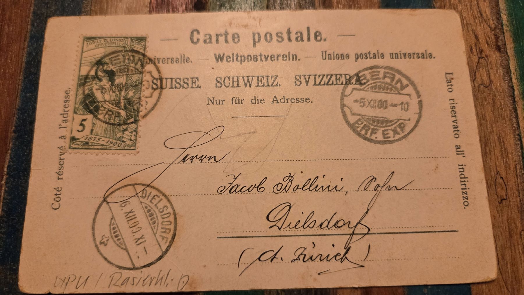Tutti i francobolli: 1900 UPU mit Rasierklingenstempel Bern Ansichtskarte Bern – Usato da Arni AG venduto da Moth68