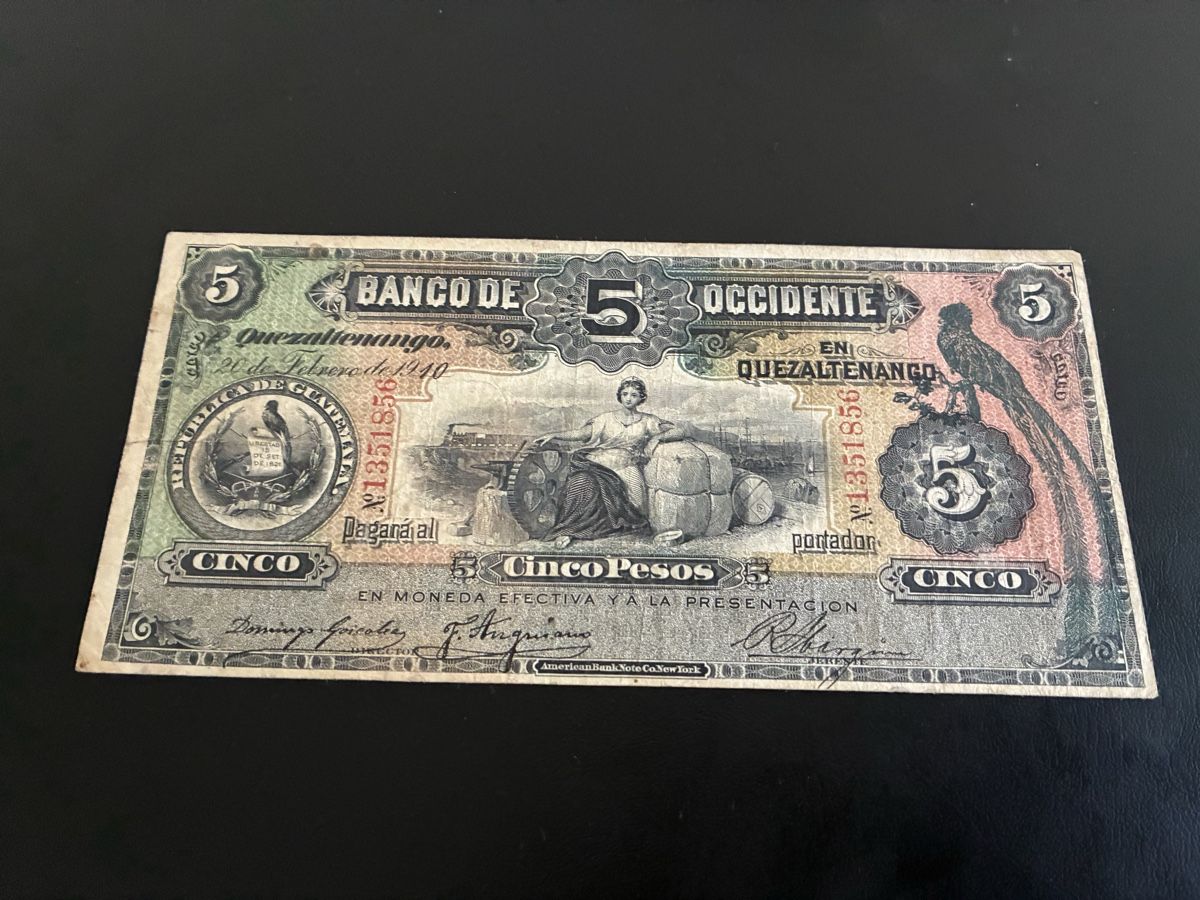 Banconote: 5 pesos 1910 Guatemala  – Usato da Dällikon venduto da Woldbanknoten 1