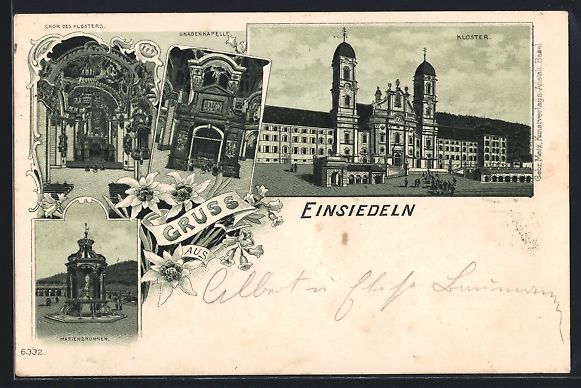 Cartoline postali: Litho Einsiedeln, Marienbrunnen, Chor de – Usato da Berlin venduto da bartko-reher