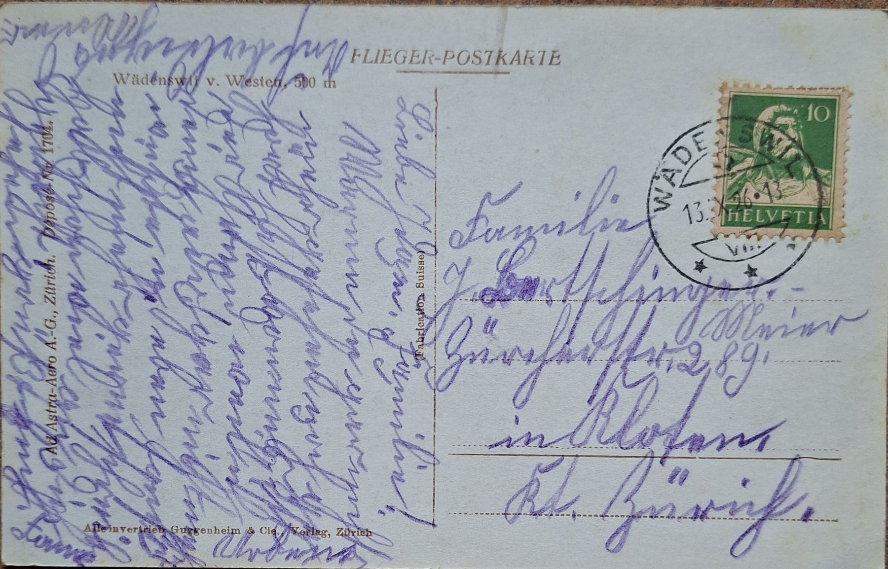 Cartoline postali: Flugpostkarte Wädenswil 1926 – Usato da Siebnen venduto da Leissav 1