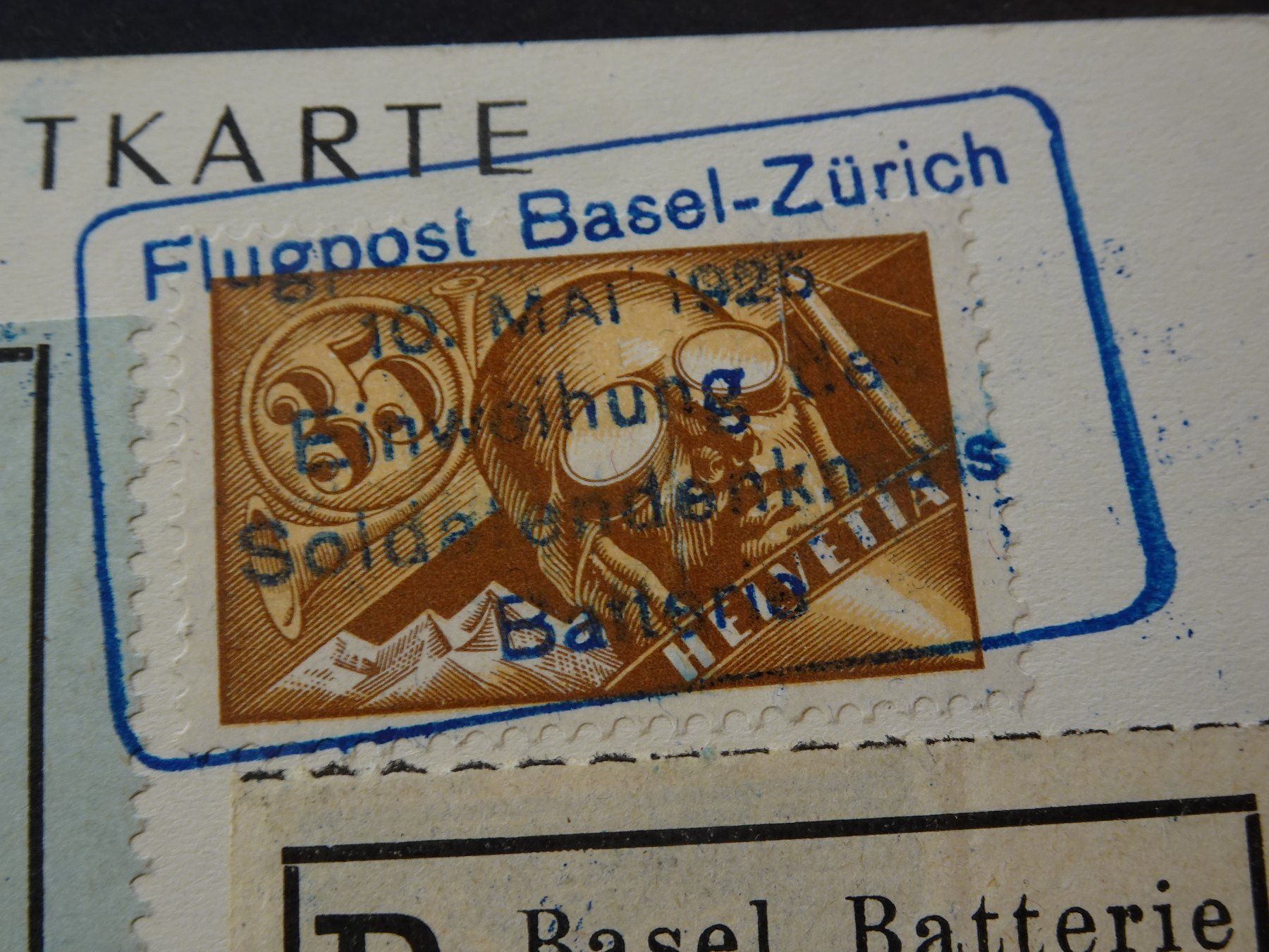 Tutti i francobolli: 10.V.25. FLUGPOSTKARTE MIT VIGNETTE 12, KASTENSTEMPEL, BASEL – Usato da Eschenbach SG venduto da eDaisy 2
