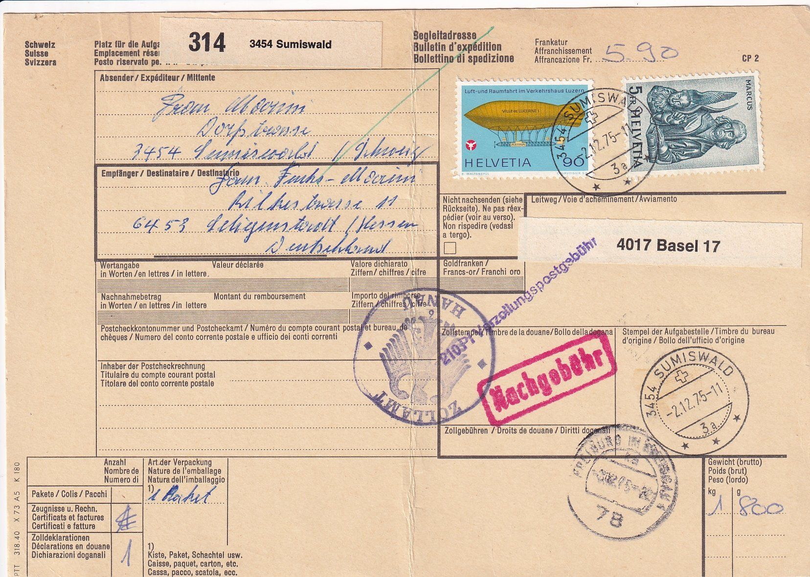 Tutti i francobolli: Begleitadresse Sumiswald Basel Freiburg i. Br. 1975 – Usato da Baar venduto da Asmara111