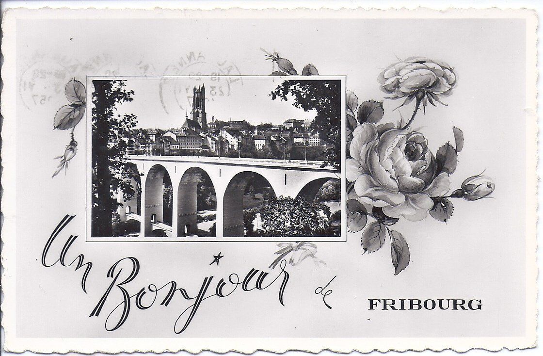 Cartoline postali: FRIBOURG, fenêtre avec la cathédrale – Usato da Les Verrières venduto da Scampi0