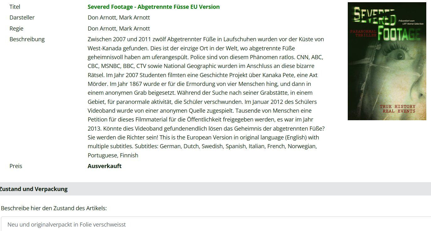 Tutti i DVDs: Severed Footage - Abgetrennte Füsse EU Version – Nuovo e nell'imballaggio originale da Dietikon venduto da Ruempfli 1