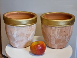 2x Terracotta Übertopf Shabby Chic Goldrand