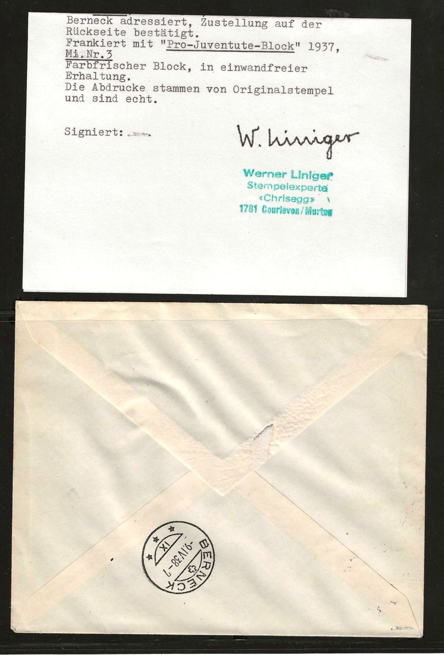 Alle Briefmarken: 1937 : Pro Juventute Block auf Brief mit Attest – Gebraucht aus Gümligen von Geniusbuy 1