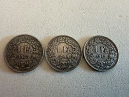 Schweizer Münzen 3x 1 Franken Silber 1943/1944/1945