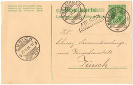 ADLIKON (ANDELFINGEN) Balkenstempel auf Ganzsachen-Postkarte